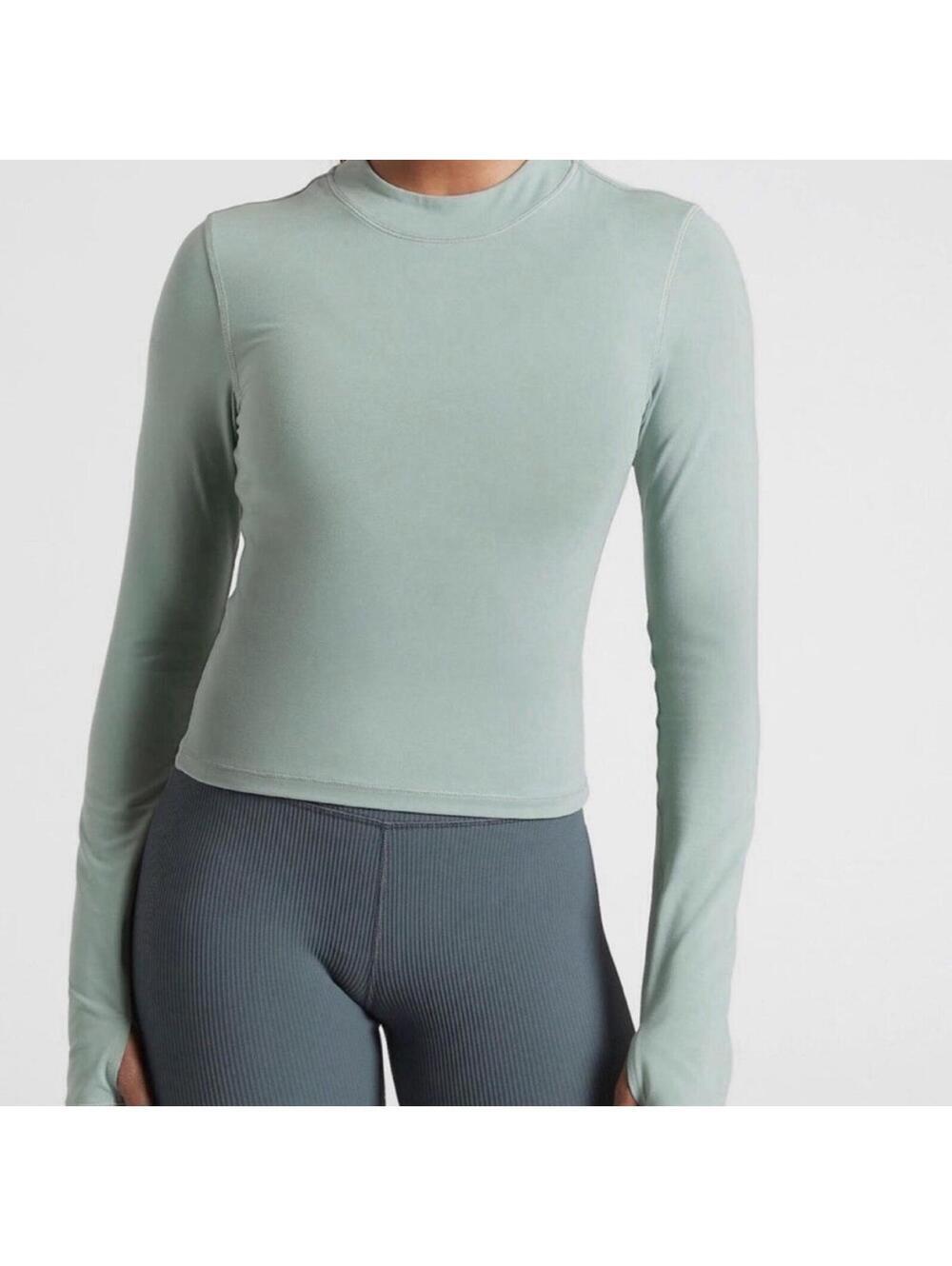 Athleta Shanti Mock Neck Crop Top XL Green PowerVita Open Back Yoga Shirt - Picture 2 of 8